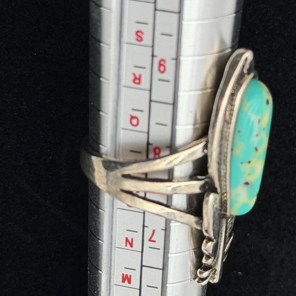 Southwestern Feather Turquoise Statement Ring Silver Tone Split Shank Size 8.25